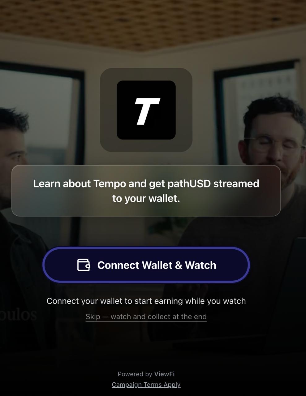 ViewFi video modal — Connect Wallet & Watch to earn USDC