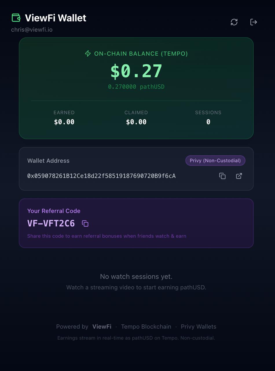 ViewFi wallet showing USDC balance and referral code